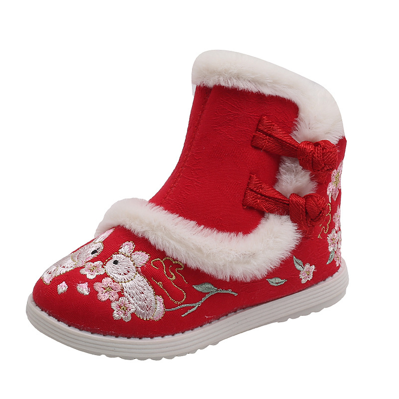 Girls' fleece-lined Snow Boots Thickened Hanfu Shoes Winter New Children's Embroidered Shoes New Year's Happy Antique Horse-faced Skirt Children's Shoes
