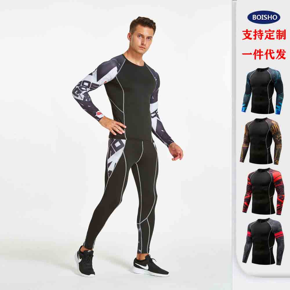 Europe and the United States cross-border sports fitness suit tights men's long sleeve fitness T-shirt quick drying super elastic PRO suit
