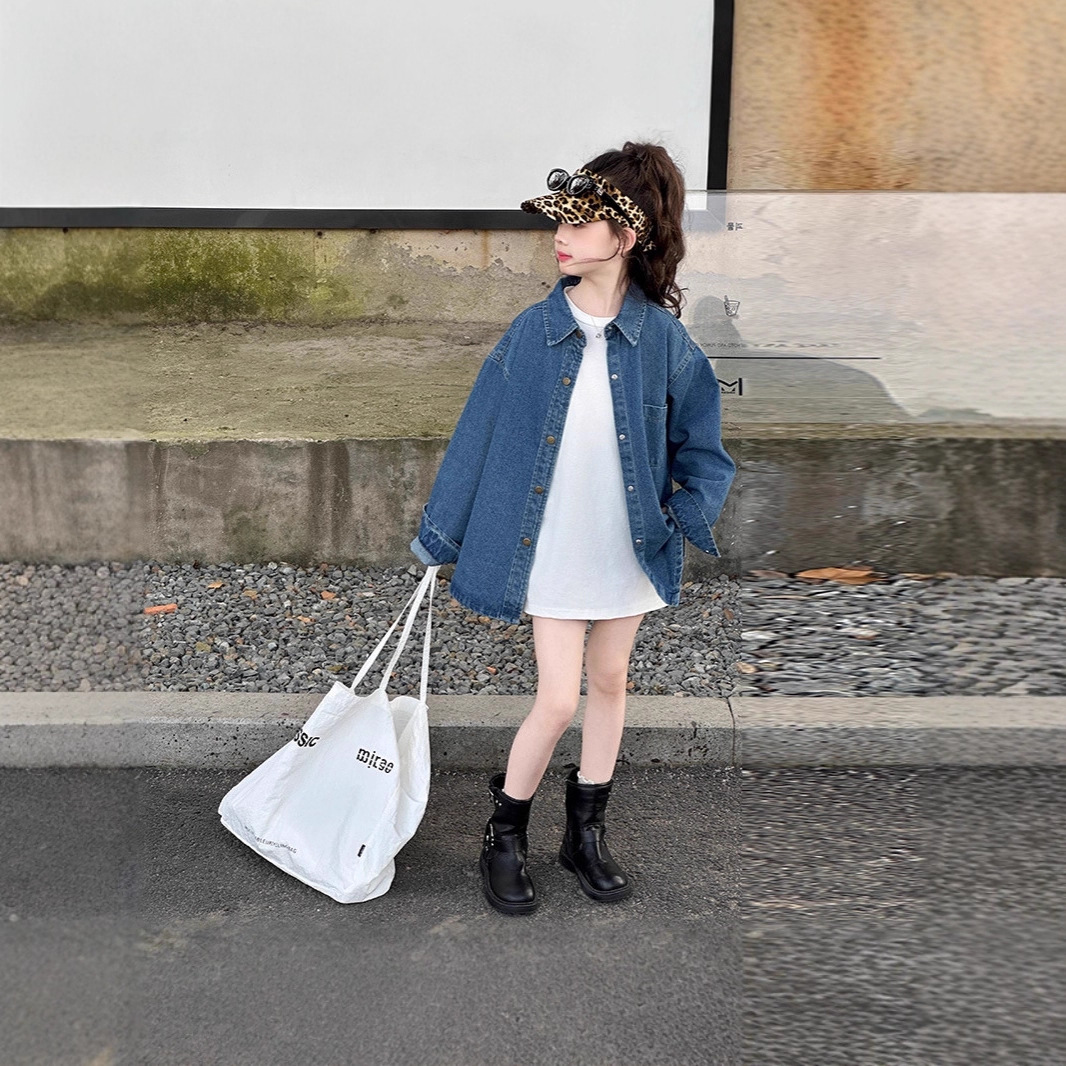 Джинсовая рубашка для девочек, новая осенняя модель 2025 года для старших девочек, детская белая базовая рубашка с круглым вырезом