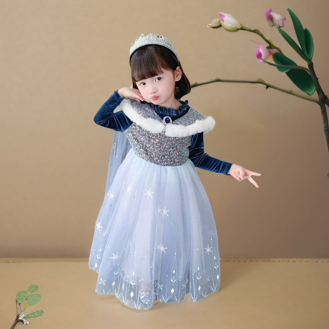 Autumn and Winter Fleece-Lined Ice and Snow Princess Dress for Girls, Long-Sleeved Dress, Frozen Elsa Princess Mesh Skirt