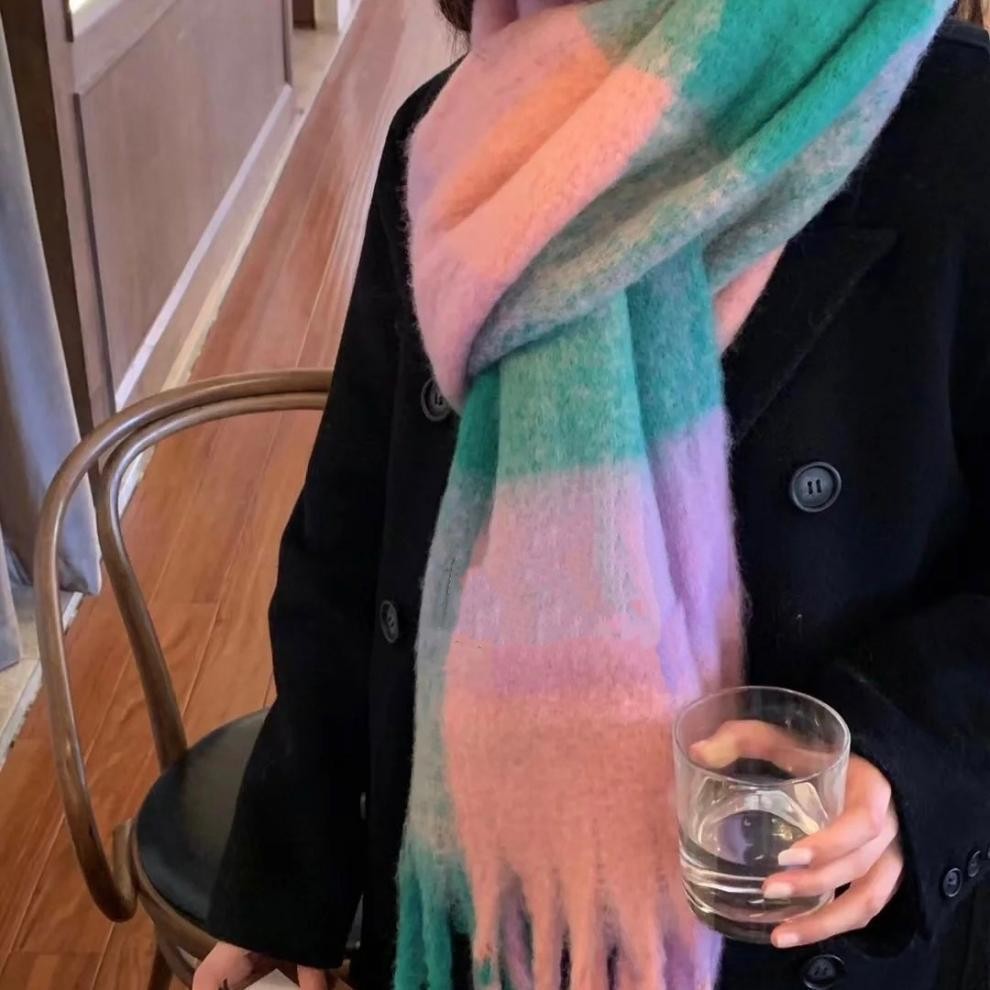 New Autumn and Winter Thickened Warm Rainbow Plaid Scarf European and American Style Loop Yarn Thick Tassel Color-Blocked Shawl
