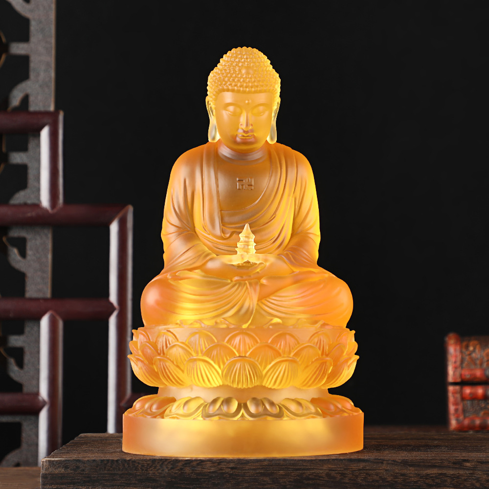 Buddha Statue Resin Ornaments Sanbao Buddha Medicine Master Buddha Home Living Room Home Eeryorial Temple Blue Glass Light Medicine Master Buddha