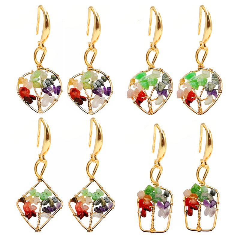 Tree of Life Natural Stone Crystal Pure Copper Hook Earrings Handmade Copper Wire Wrapped Multicolored Raw Stone Earrings Jewelry