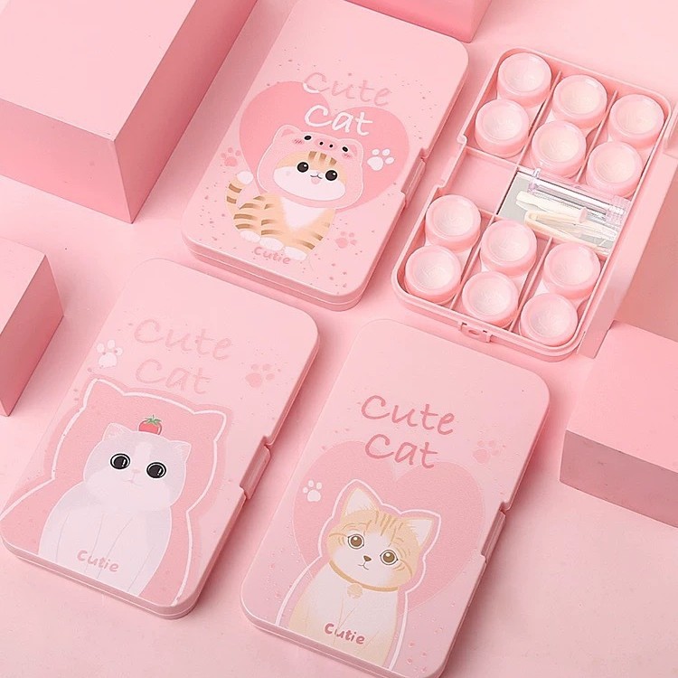 Cartoon cute campus style portable multi-pair contact lens box holds six pairs of beautiful pupil box with mirror wholesale