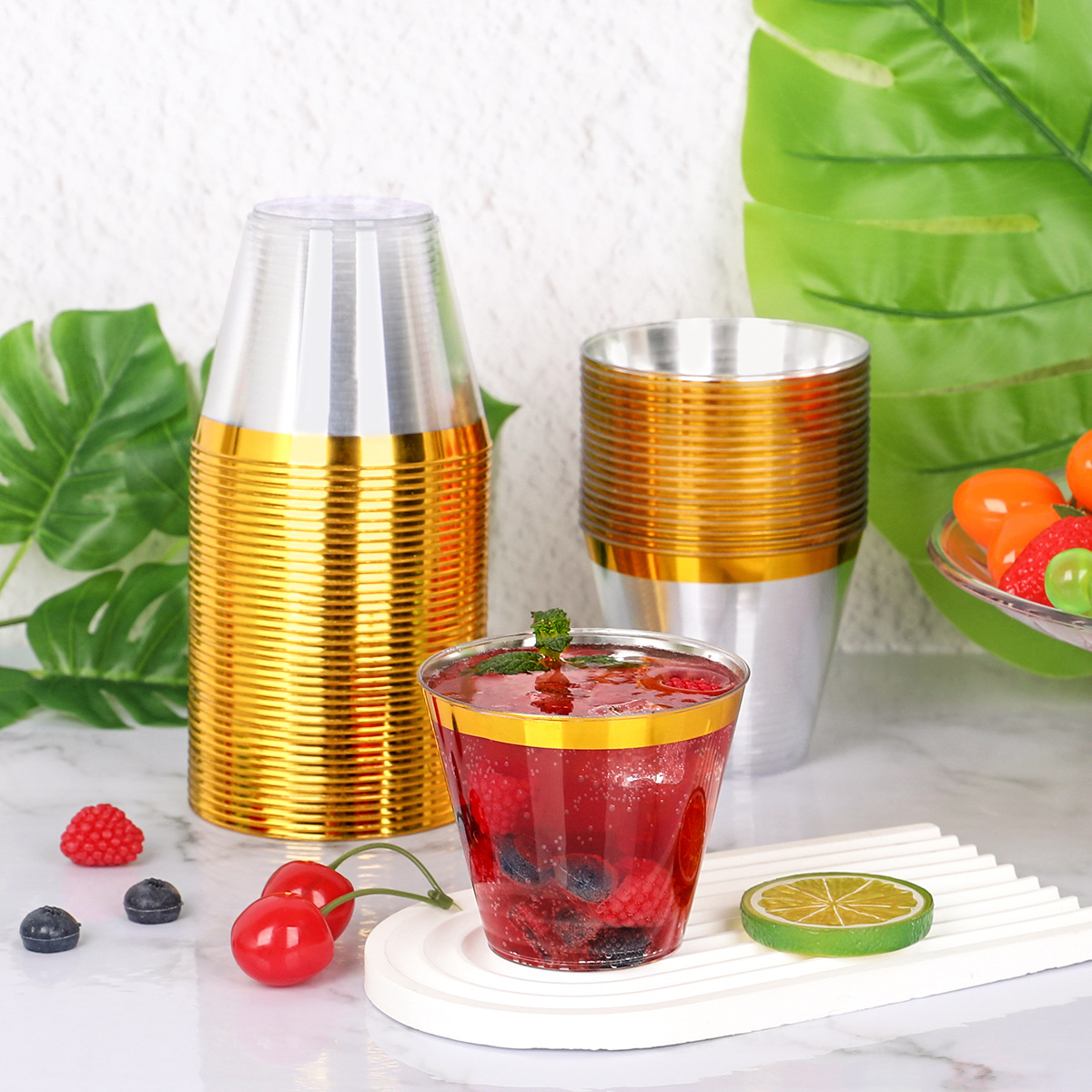 Amazon Spot Disposable 9oz Hot Stamping Plastic Cup Foreign Wine Western Food Cup Silver Rose Gold Ice Cream Cup