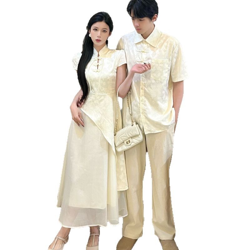Summer 2025 New Chinese-style National Anti-modified Cheongsam Stitching Slimming Long Dress Couple's Short-sleeved Shirt