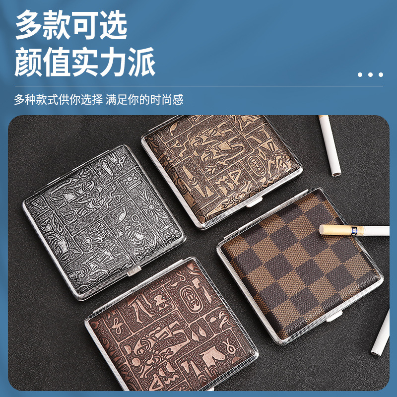 Hand-Rolled Cigarette Case Leather 20-Pack Ultra-Thin Moisture-Proof Metal Cigarette Portable Cigarette Case Cigarette Holder Men's Gift Cigarette Case