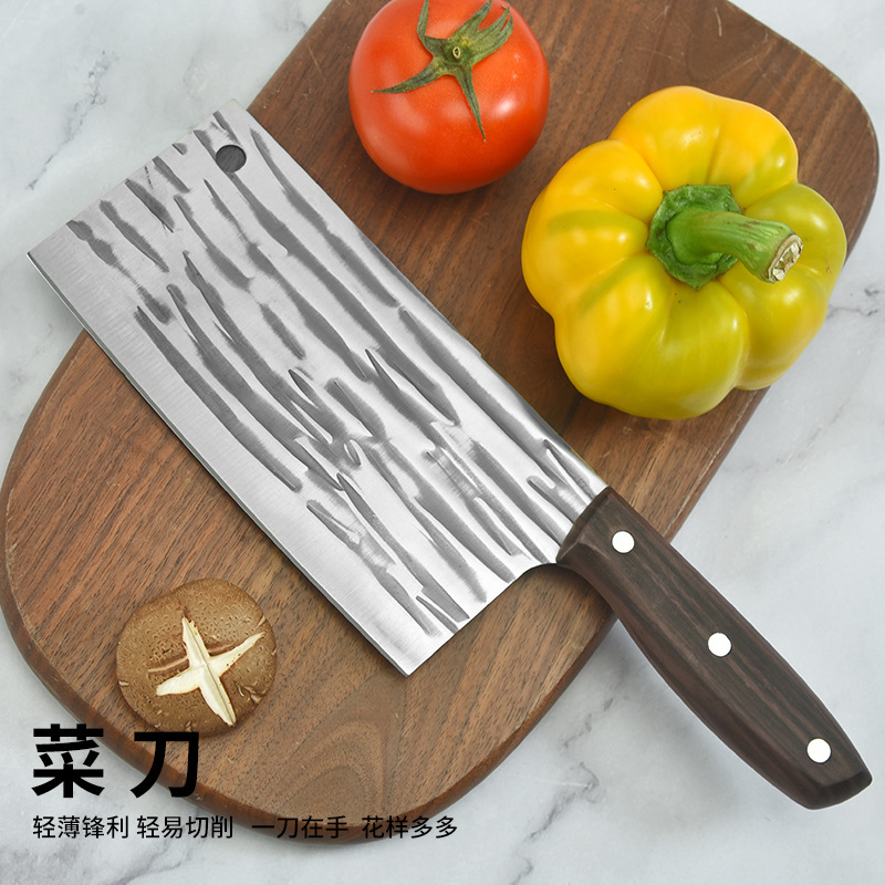 Wood Grain Household Handle, Hand-Forged Hammer Pattern Kitchen Knife for Cutting Vegetables, Slicing, Chopping, Sharp Dual-Purpose Knife for Women