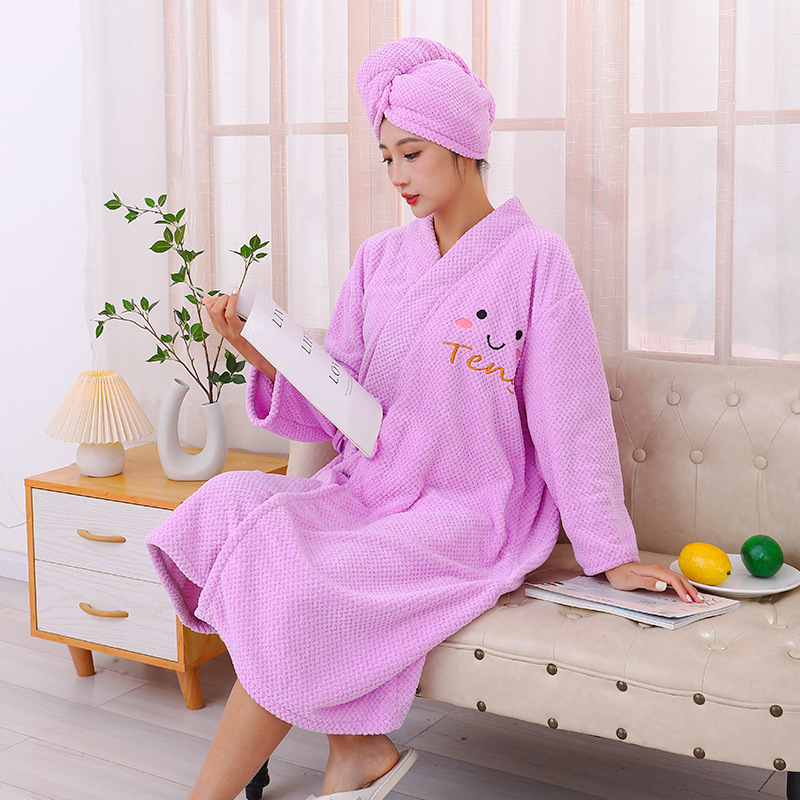 Winter bathrobe women's wearable bath towel coral fleece thickened household cross strap long sleeve bath skirt hair drying hat wholesale