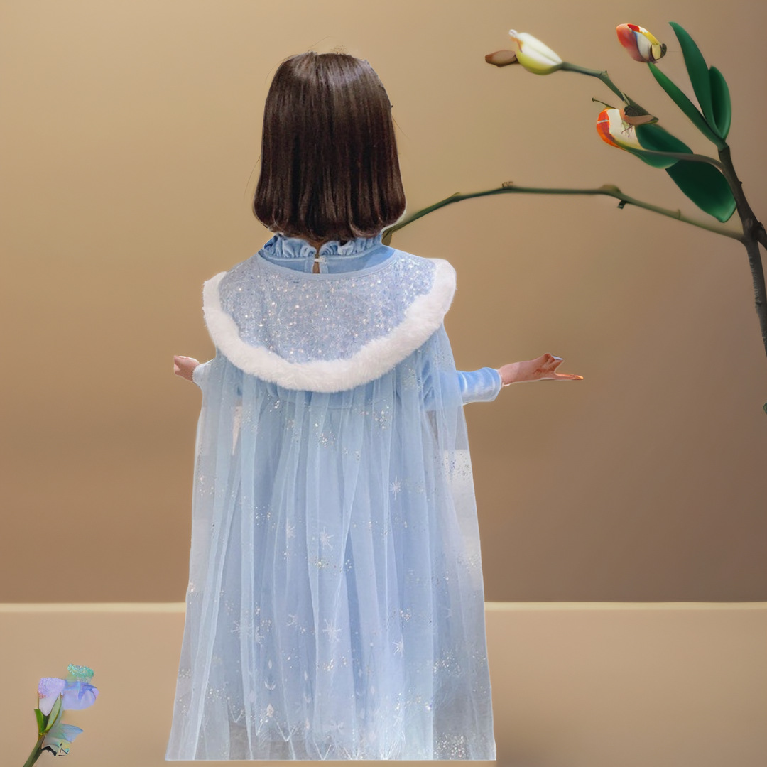 Autumn and Winter Fleece-Lined Ice and Snow Princess Dress for Girls, Long-Sleeved Dress, Frozen Elsa Princess Mesh Skirt