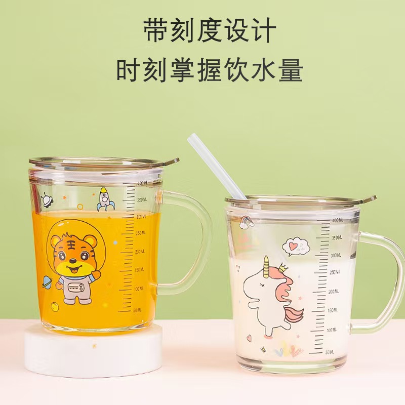 Cartoon Milk Cup with Scale, Kidsren's Straw Cup, Creative Gift Cup, Glass Cup with Handle, Breakfast Cup, Coffee Cup