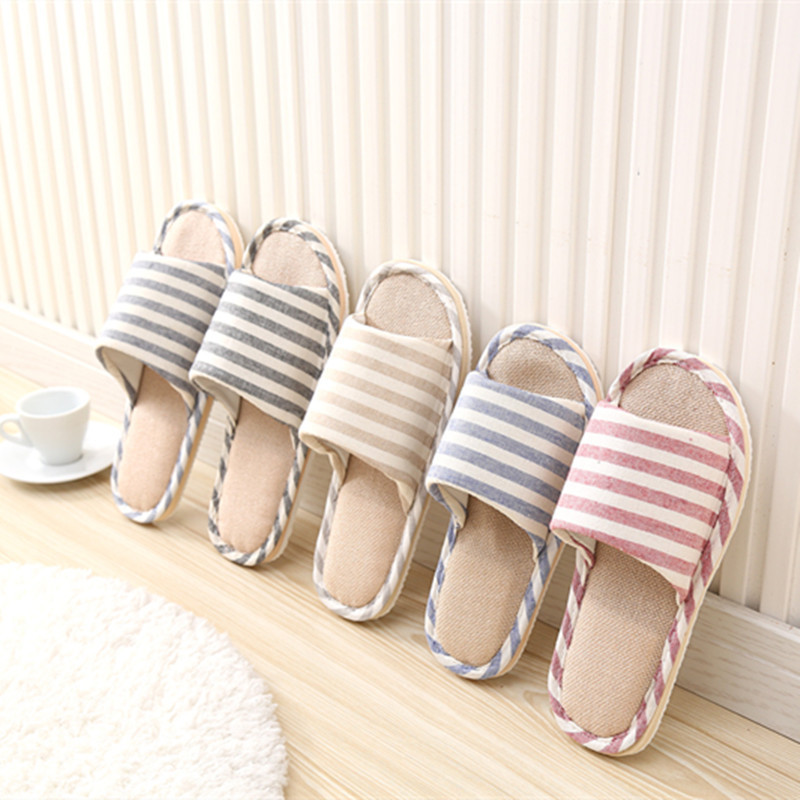 Summer Striped Slippers for Women, Cotton and Linen, Suitable for All Seasons, Indoor Home Use, Couple Casual Linen Versatile Non-Slip Comfortable Slippers