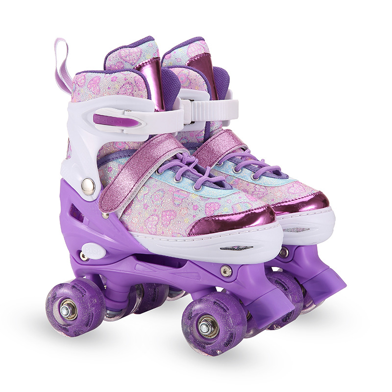 Cross-Border Hot Selling Double Row Roller Skates Pu Full Flash Roller Skates Kidsren's Four-Wheel Safety Roller Skates with Brake Skates