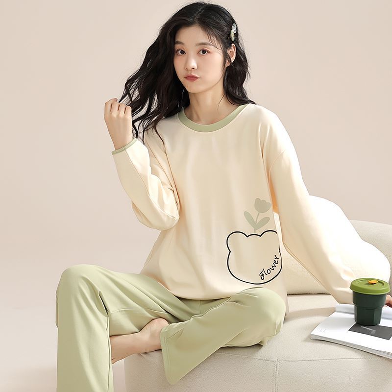Factory Direct Sales Spring, Autumn and Winter New Pure Cotton Pajamas for Women Cute Cartoon Long-Sleeved Suits Casual Women's Home Clothes