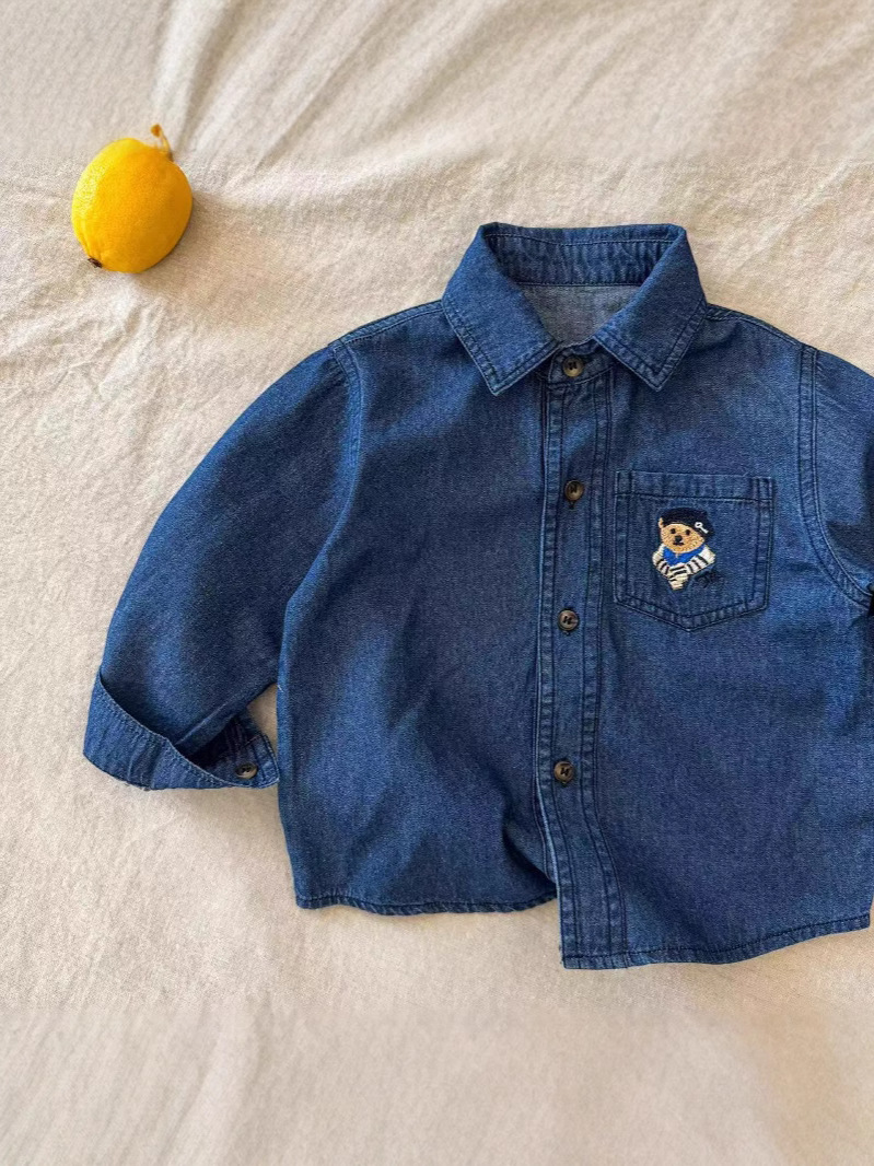 Children's Denim Shirt 2025 Autumn New Children's Clothing Boys Korean Style Embroidered Casual Top Baby Tops Trendy and Cool