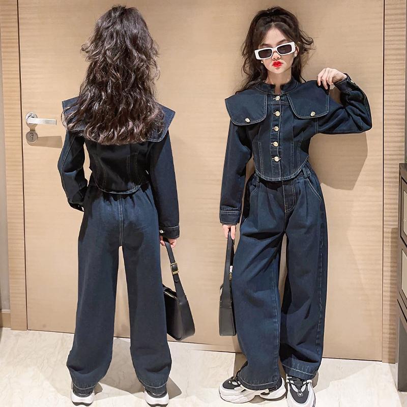 Children's Clothing Girls Spring & Fall Suit 2025 New Medium and Large Kidsren's Fashionable and Classic Large Lapel Denim Two-Piece Set
