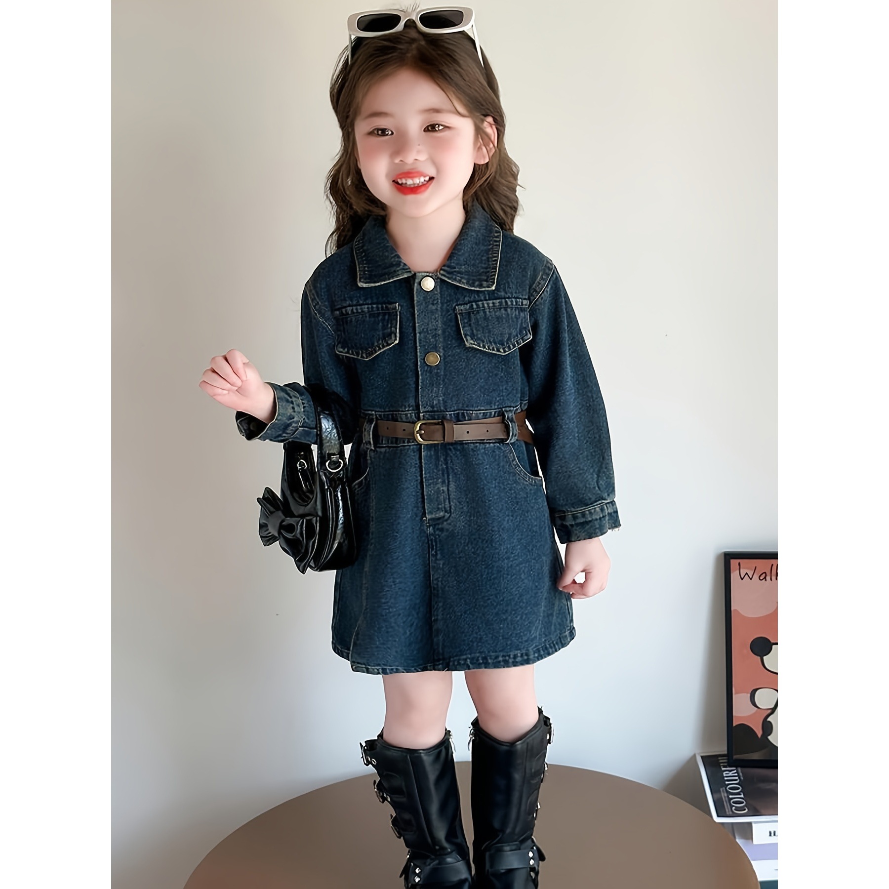 Девочкам осеннее и зимнее платье, новое корейское стильное платье для девочек с поясом