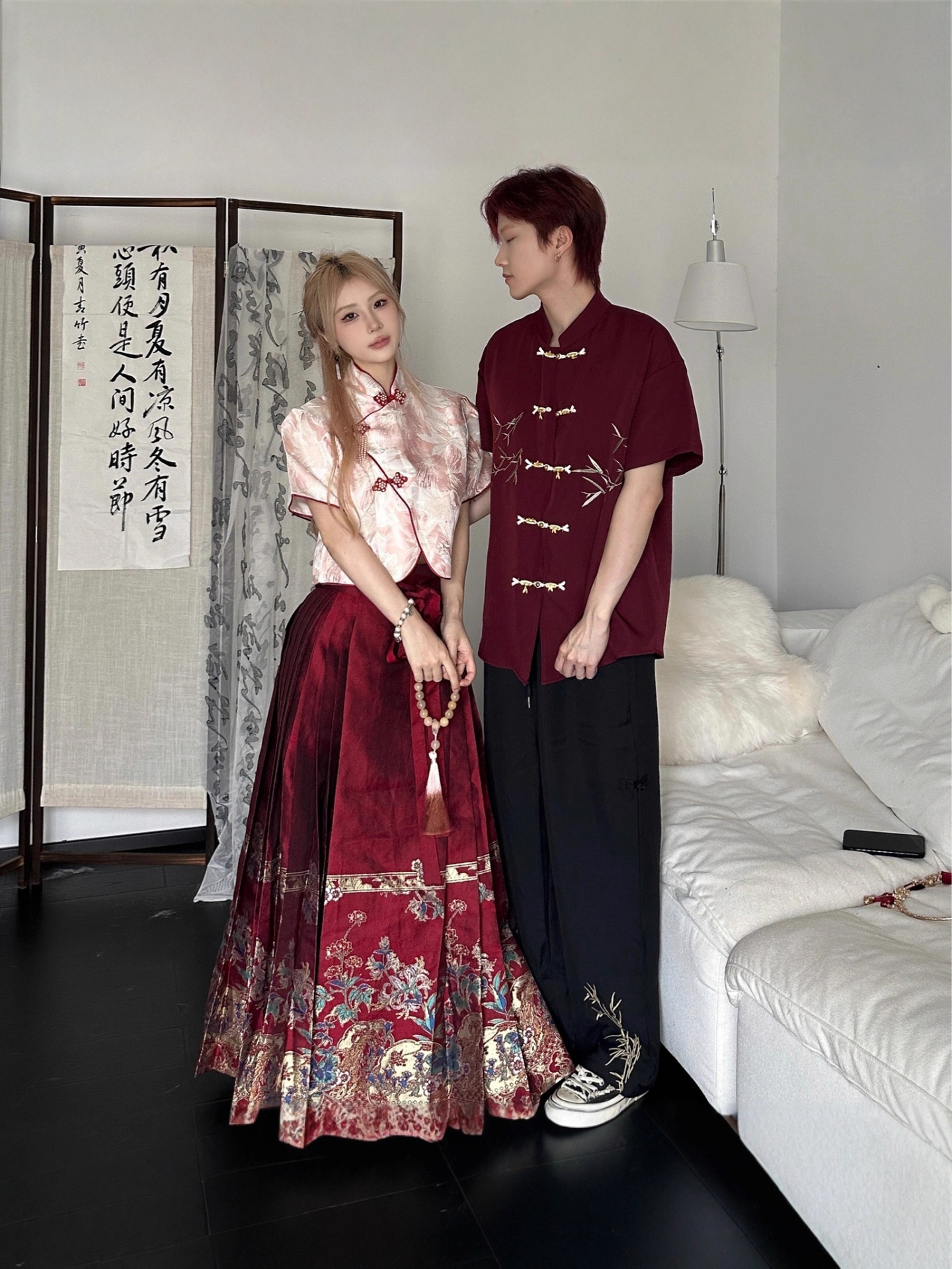 Chinese Tang Suit Men's Chinese Style Couple's Short Shirt High-End Retro Embroidered Han Dynasty Horse Face Skirt Loose Large Size