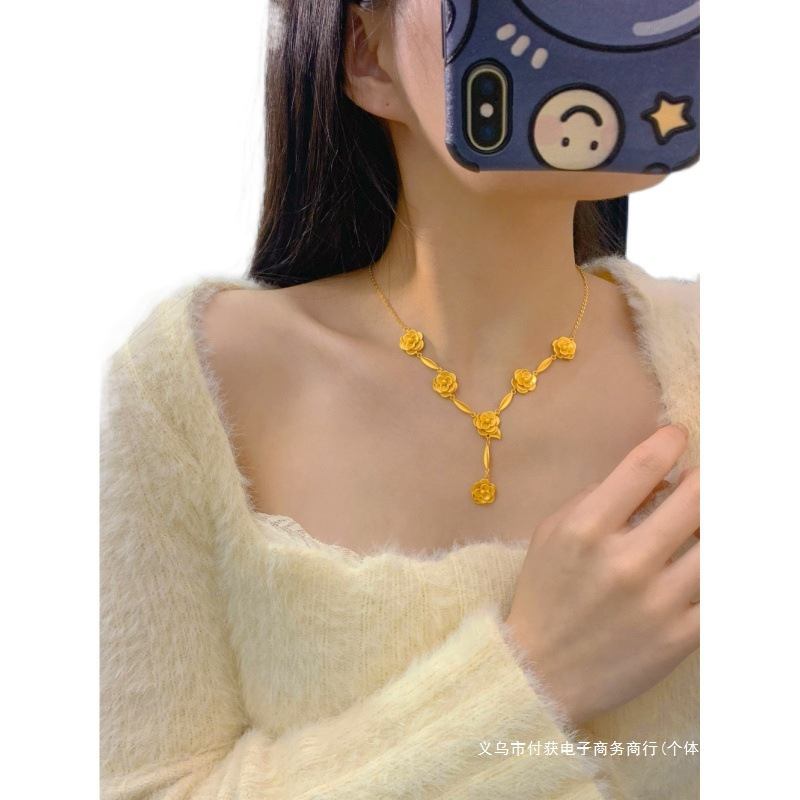 Authentic New Chinese Style Sand Gold Three-Piece Set of Simulated Camellia Necklace Women's Set High-End Gold-Plated Jewelry