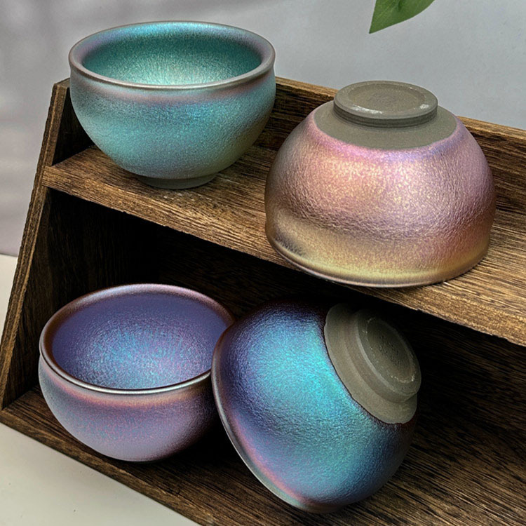 Colorful Gold Candy Cup, Jianyang Tea Cup, Iron胎 Master Cup, Small Tea Cup, Retro Ceramic Cup, Wood Leaf Buddha Lotus Covered Bowl