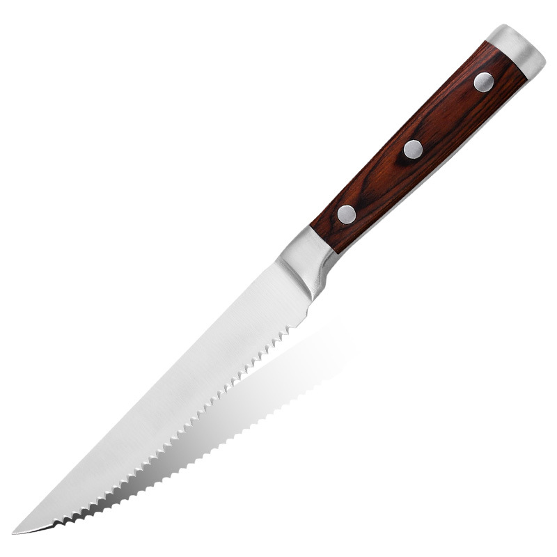 Foreign Trade Serrated Steak Knife, Cross-Border Western-Style Knife, Steak Cutting Knife, Colorful Wooden Handle Fruit Knife, Sharp Small Knife, Stainless Steel