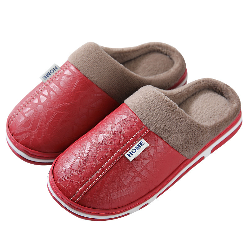 Autumn and Winter Couple Slippers for Women, Non-Slip, Anti-Odor, Indoor and Outdoor Home Fleece-Lined Thick-Soled Confinement Pu Leather Cotton Slippers