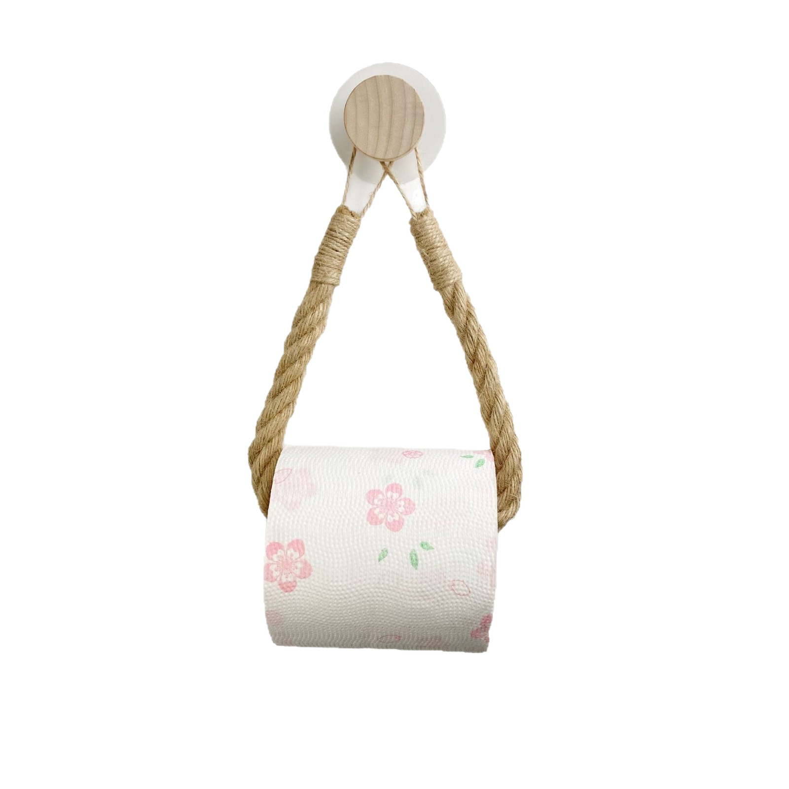 Wooden Hooks, Traceless Adhesive, No-Drill Plastic Woven Hemp Rope Towel Rack, Paper Towel Holder for Bathroom