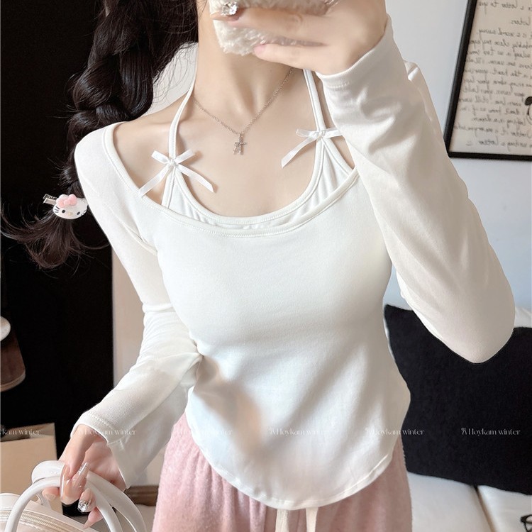 5053 # Pure Desire Halter Neck Faux Two-Piece Brushed Long-Sleeve T-Shirt for Women, Autumn Bow Tie Tie-Up Base Layer Short Top