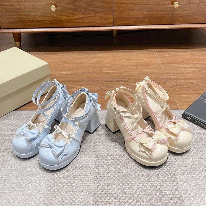 Оригинальные Лолита толстые каблуки с толстой подошвой водонепроницаемые платформы голубого цвета в японском стиле для женщин с милым бантом
