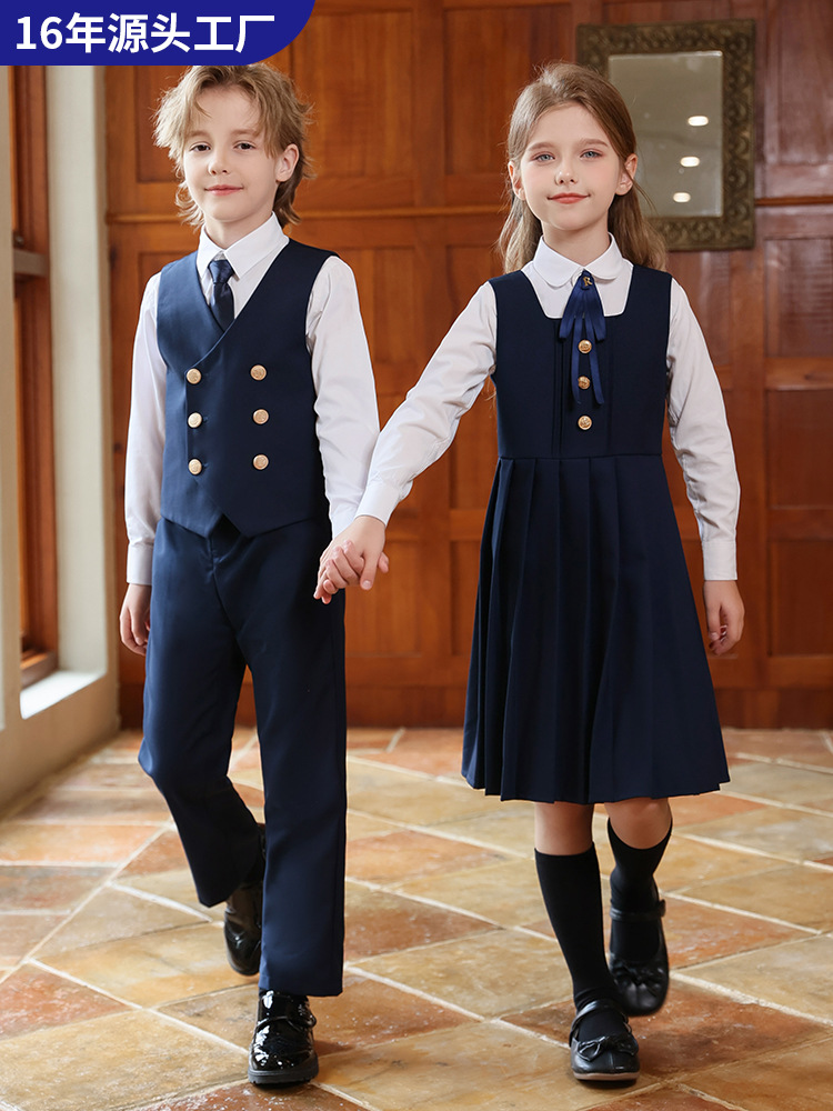 Primary School Uniforms, Spring & Fall Kidsren's Class Uniforms, British Style Kindergarten Uniforms, Vests, Shirts, Long-Sleeved Suits, Performance Uniforms