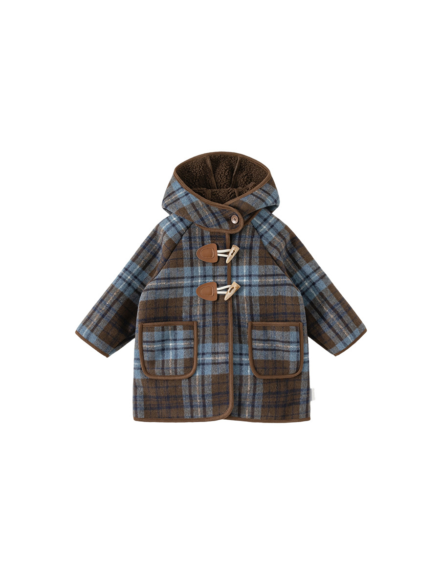 Bangxuan New Winter Children's Mid-Length Warm Plaid Clothing for Babies, Boys' Hooded Jacket, Girls' Woolen Coat