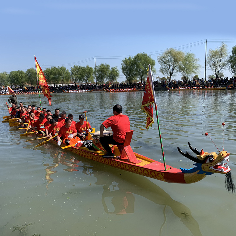 Fiberglass Dragon Boat for Dragon Boat Festival Competition, Wooden Dragon Boat, Standard Competition Dragon Boat, Wooden Boat, Hand-Paddled Dragon Boat, Landscape Decoration