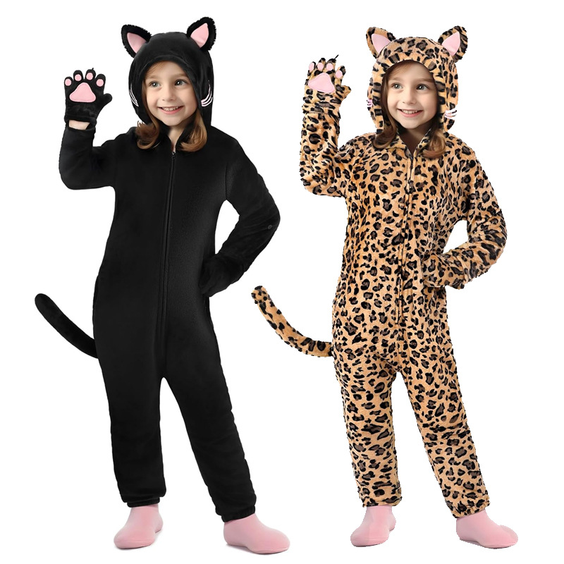 Cartoon Animal One-Piece Pajamas Home Clothes 2025 New Style with Cat Claws Black Cat Leopard Print Cat Kidsren's Anime Jumpsuit