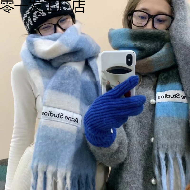 New Autumn and Winter Thickened Warm Rainbow Plaid Scarf European and American Style Loop Yarn Thick Tassel Color-Blocked Shawl