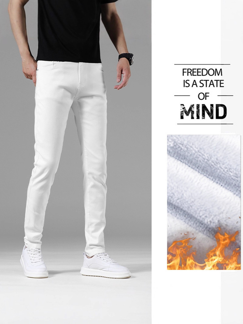 Men's White Fleece-Lined Jeans, European Style, High-End Stretchy Slim Fit Skinny Pants, Versatile Casual Pants