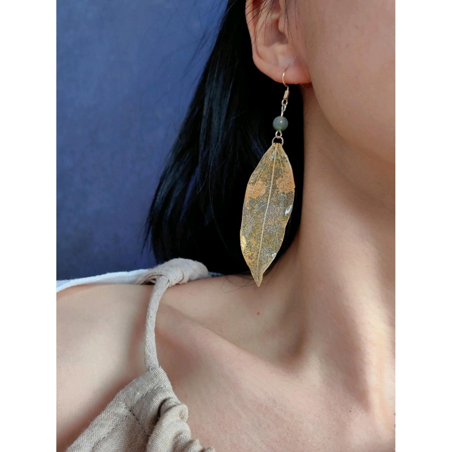 True Leaf Vein Leaves Gum Drops Fern Long Face-trimming Small Fresh Creative Niche True Leaves Plant Earrings for Women