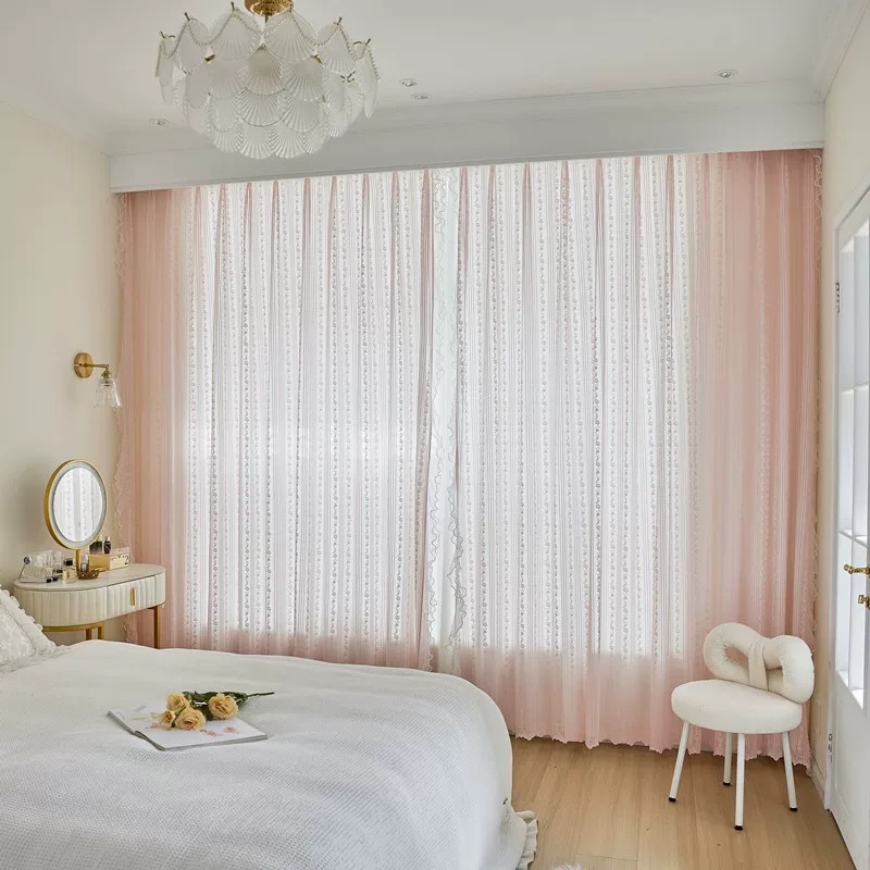 French Girly Pink Lace Window Screen White Gauze Curtain Light-Impermeable New Bedroom Semi-Shading Princess Style Curtain Gauze