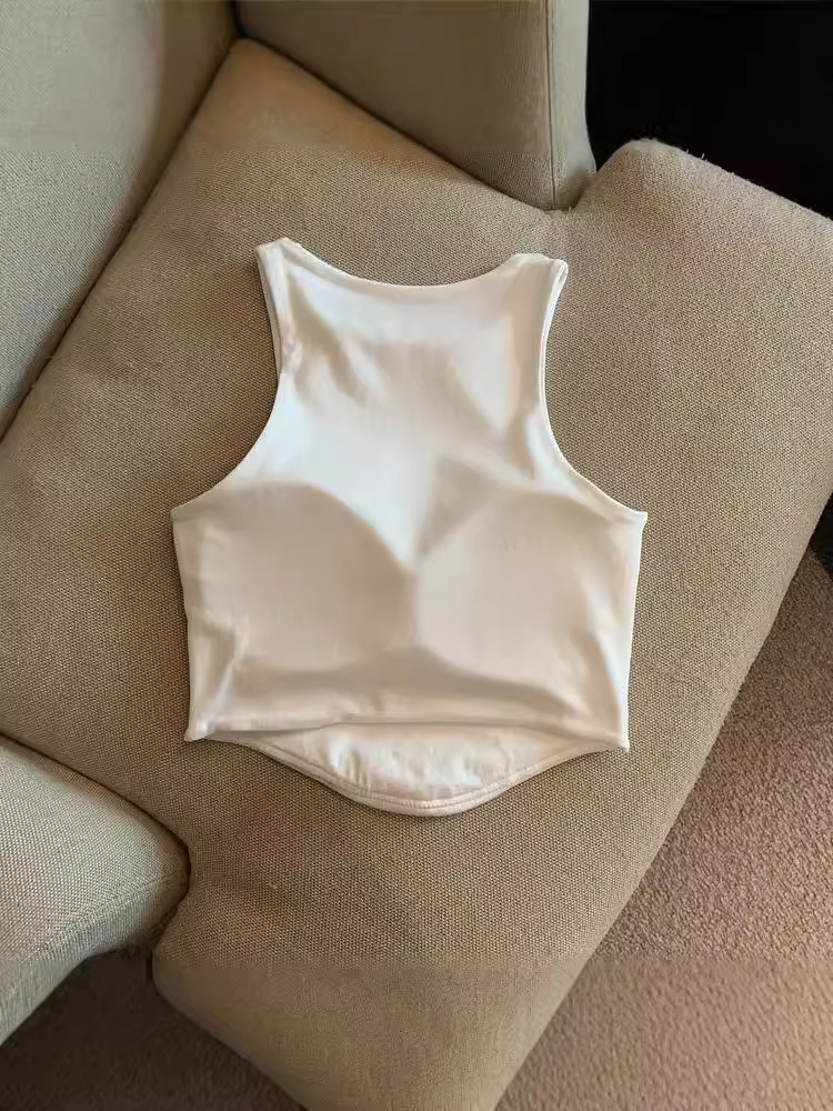 Cross-border American-style Summer Sweet Hot Girl Short Sleeveless Vest with Chest Pad Sexy Beautiful Back Navel Top for Women