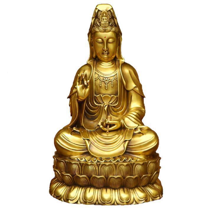 Brass Guanyin Buddha Statue Ornament with a Pure Water Bottle, Willow Branches, and Sitting on a Lotus Platform, Suitable for Home Decor, Large and Small Sizes, Nansha Guanyin Bodhisattva in Copper