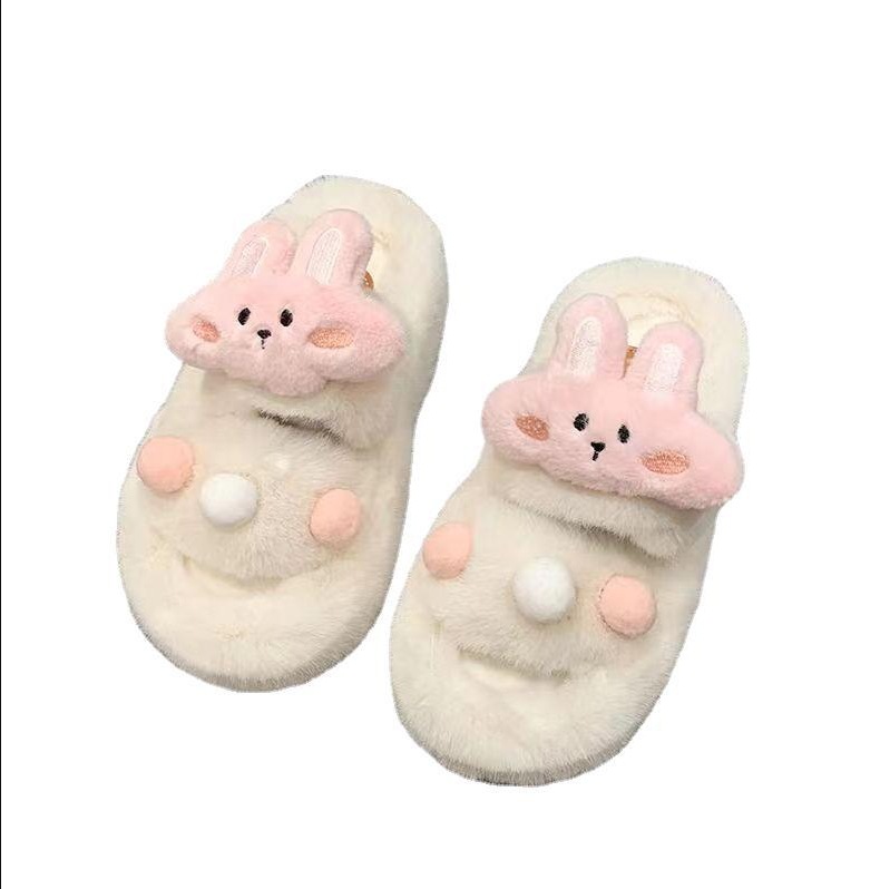 Sweet Style Rabbit Fur Shoes 2025 Autumn Internet Celebrity Fashion Street Soft Non-Slip Thick Soled Slippers