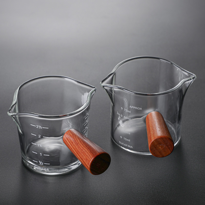 Кастомизированная стеклянная чашка для кофе с шкалой, мерная чашка для эспрессо, деревянная ручка, молочная чашка, унцевая чашка, маленький молочник