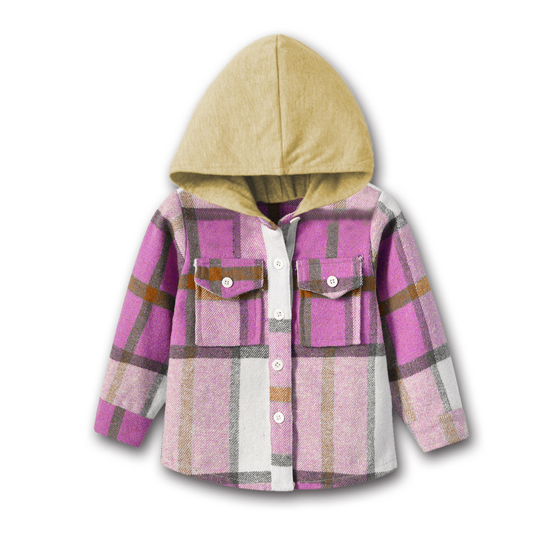 Spring New Children's Tops, Foreign Trade Unisex Hooded Long-Sleeve Brushed Plaid Shirt Jacket, Trendy Style for Older Children