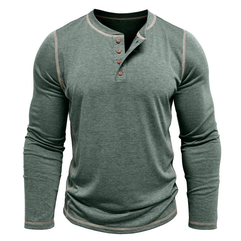 2025 Cross-Border Men's Autumn and Winter Large Size Export Men's Long-Sleeved T-Shirt European and American Men's Henley Shirt Four-Button Top