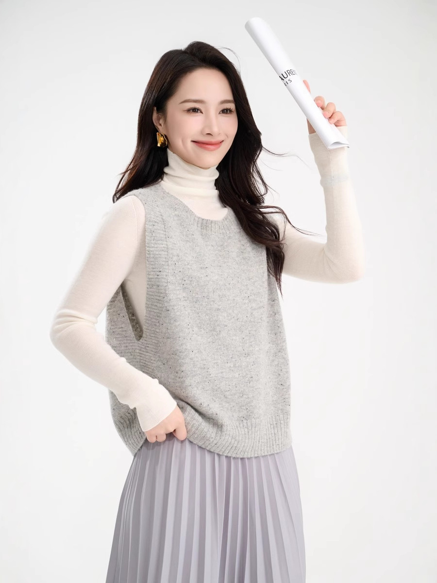 Jigero 100% Wool Vest 2025 Autumn Round Neck Colorful Yarn Knitted Vest Women's Sleeveless Layered 160g Thin Style