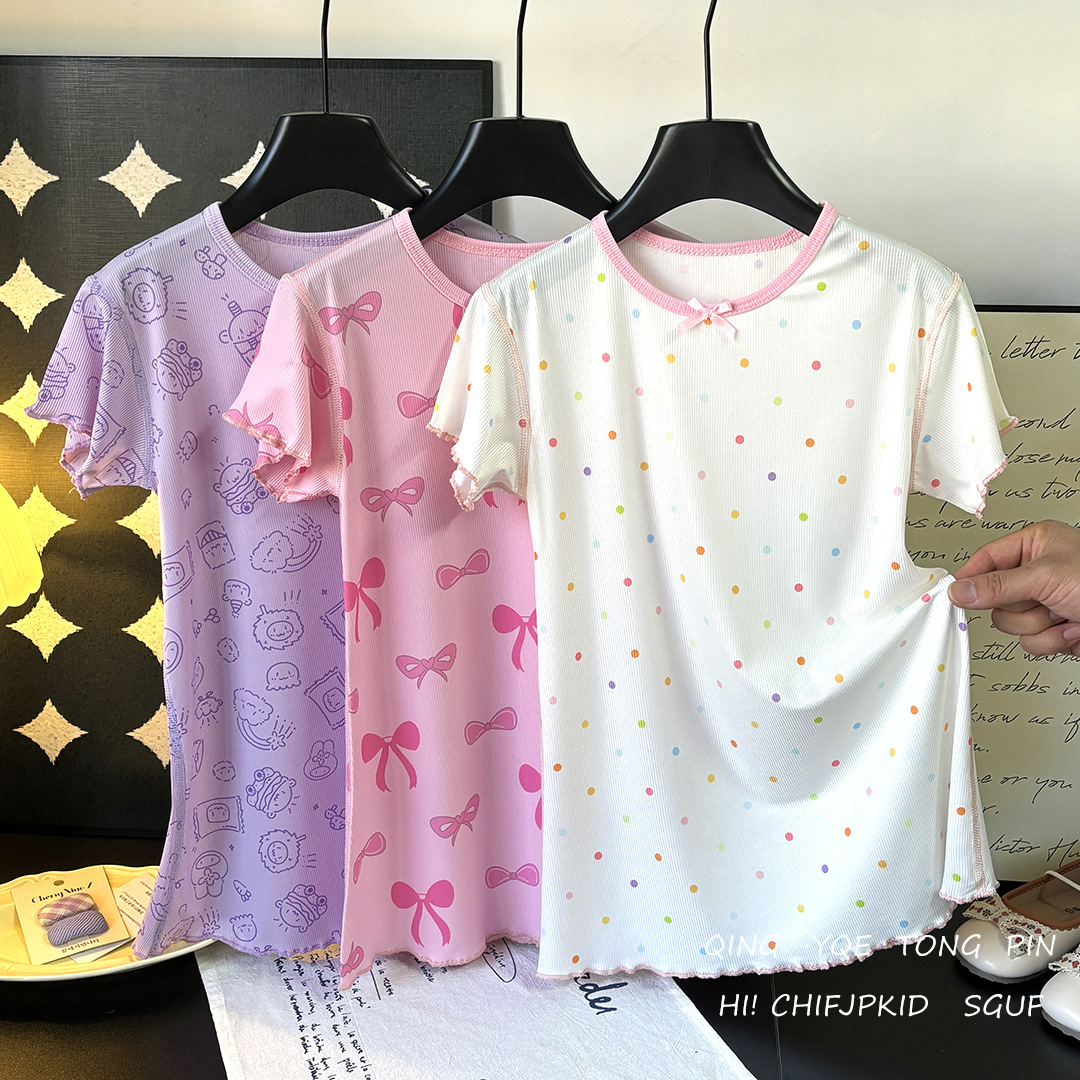 Платье для девочек в стиле casual с круглым вырезом, мультяшное, домашнее, печать, ночная рубашка из льняного шелка, женская четырехигольная шесть нитей