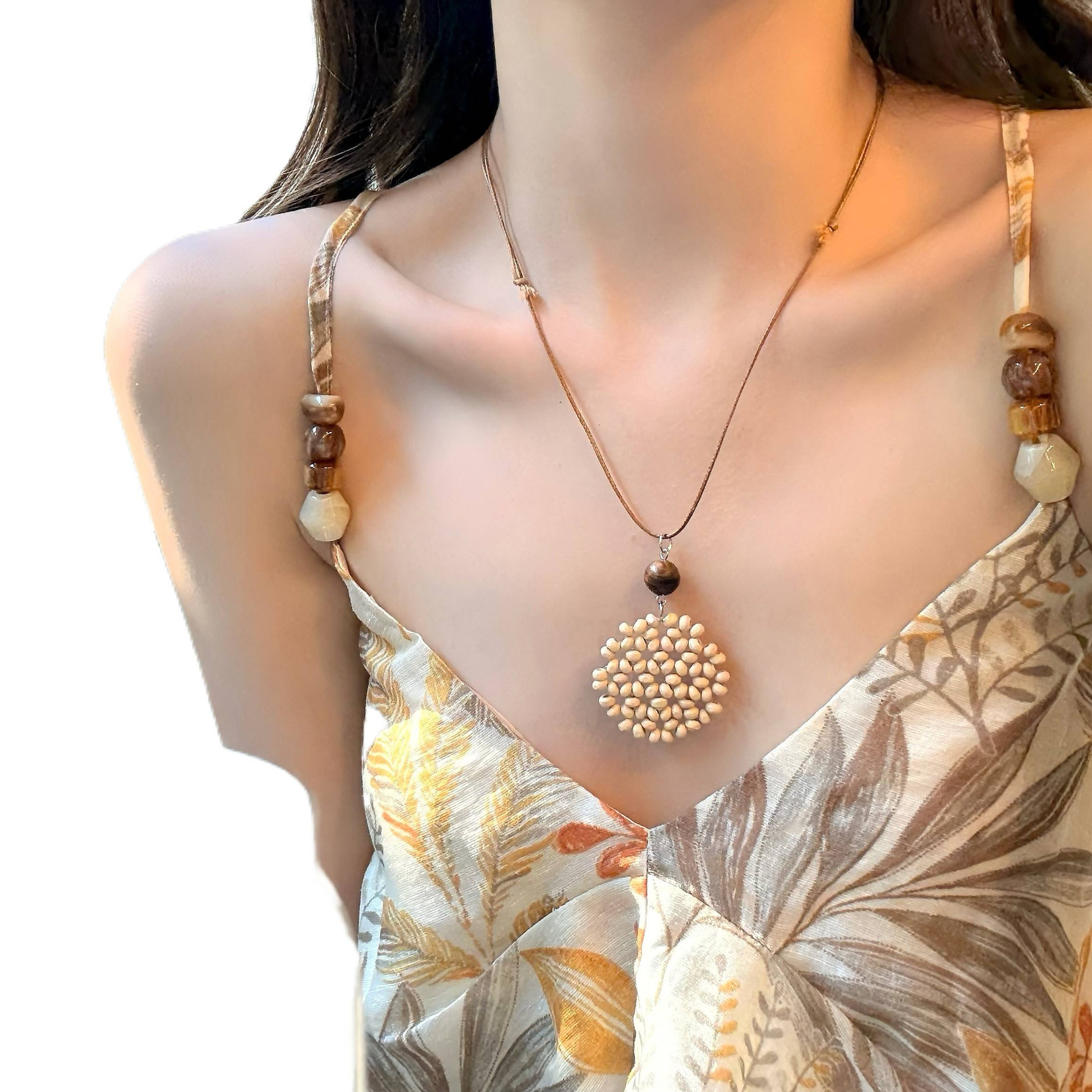 [Peach Tea] Wutong Amber Long Natural Stone Ceramic Pendant Necklace Chinese Ethnic Style Halter Accessory
