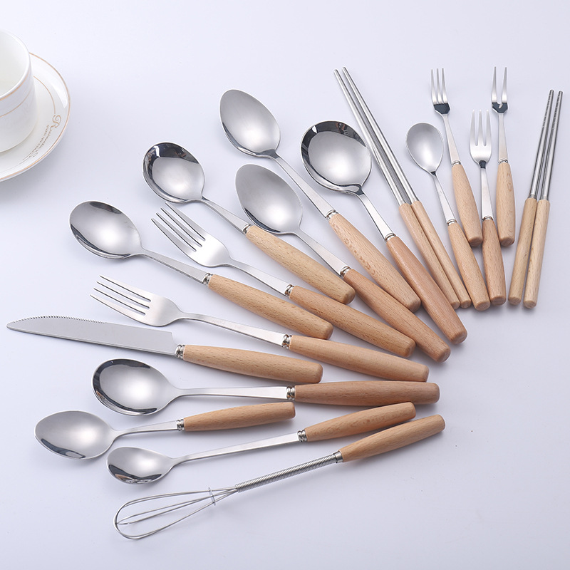 Креативные японские столовые приборы с деревянной ручкой, венчик, нож, вилка, ложка, палочки для еды, столовые приборы из нержавеющей стали с ручкой из бука