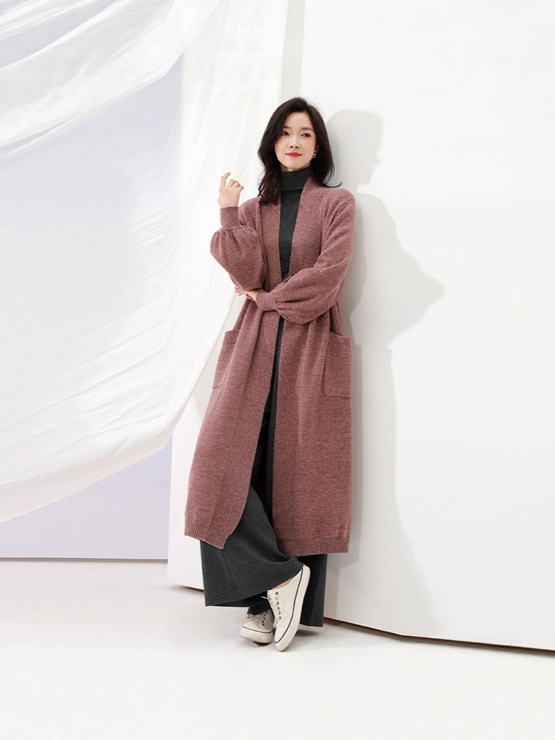 Autumn and Winter Women's Thickened Heavy Woolen Cardigan Long Outwear Pure Color Loose Large Size Sweater Women's Processing and Customization