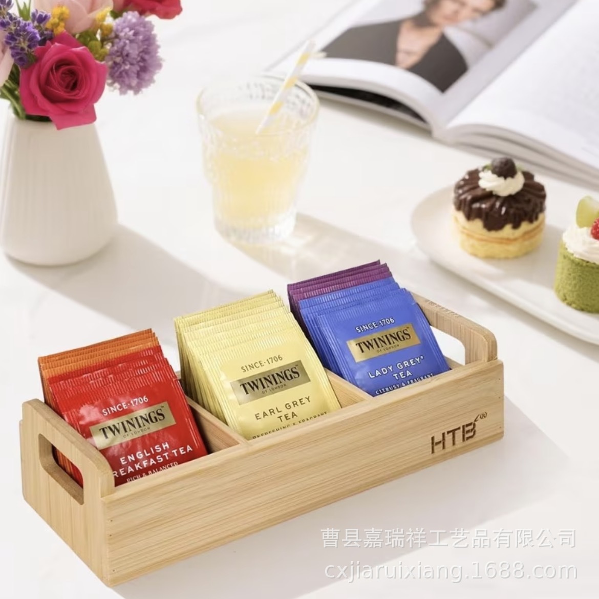 Коробка для хранения из массива дерева с разделителями для чая и кофе