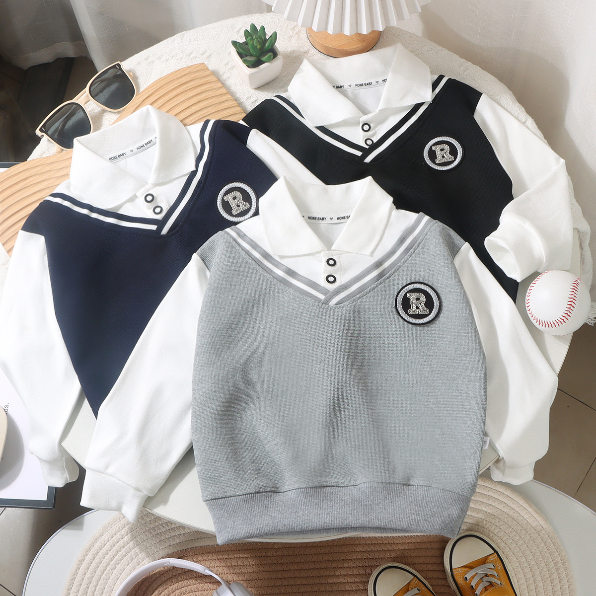 Футболка-поло с воротником для мальчиков, весенний свитер, британский стиль, фальшивый двухкомпонентный